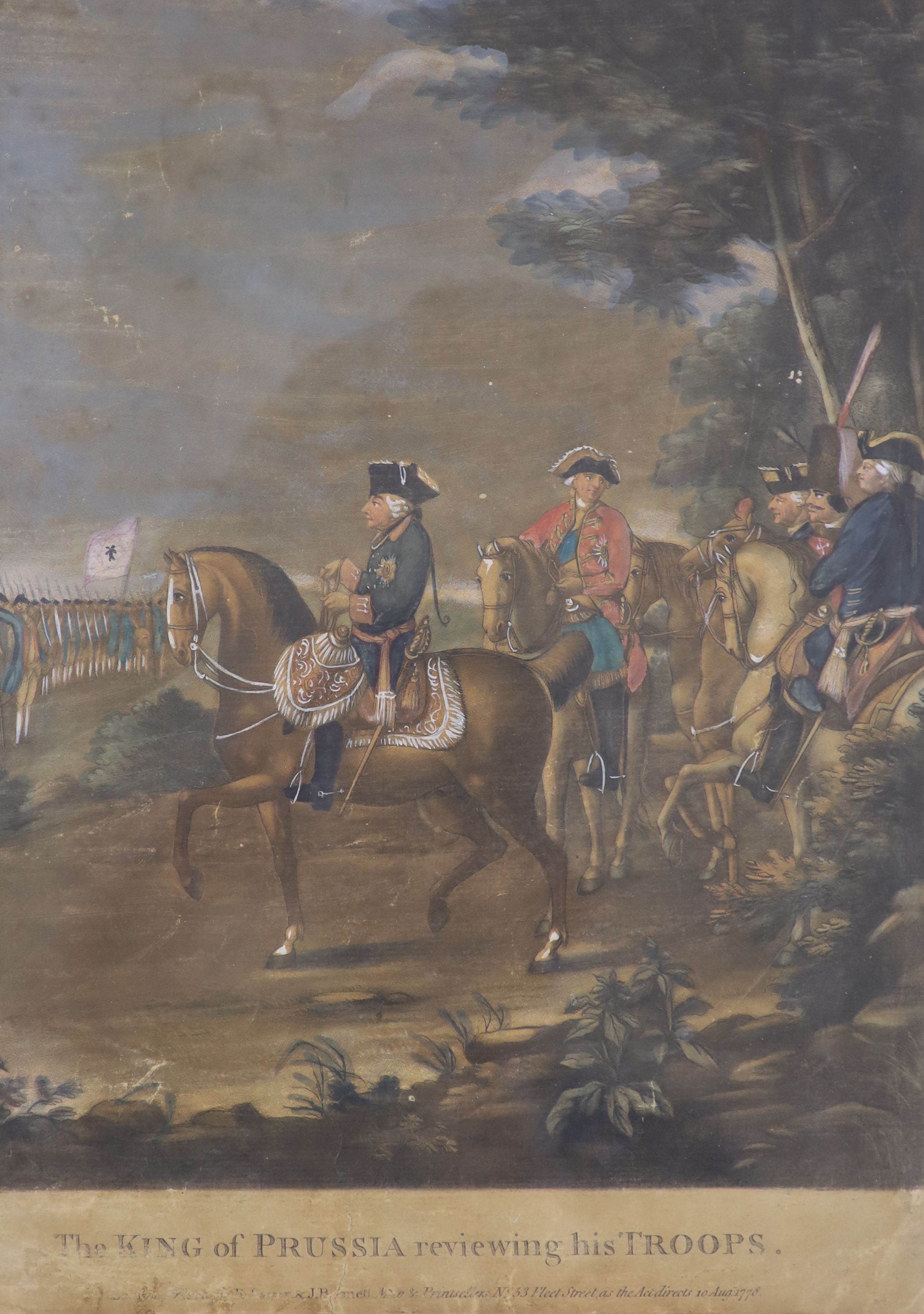 Terry Harrison (1951-2017), watercolour, River in autumn, signed, 21 x 31cm, and After Daniel Chodowiecki (1726-1801) The King of Prussia reeviewing his troops, publishd by Sawyer and Bennett, hand coloured framed mezzot